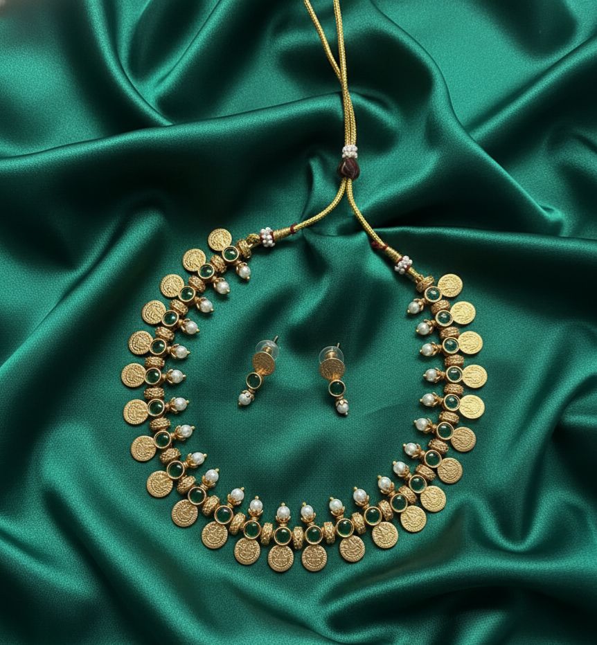 White pearl green stone kashi necklace